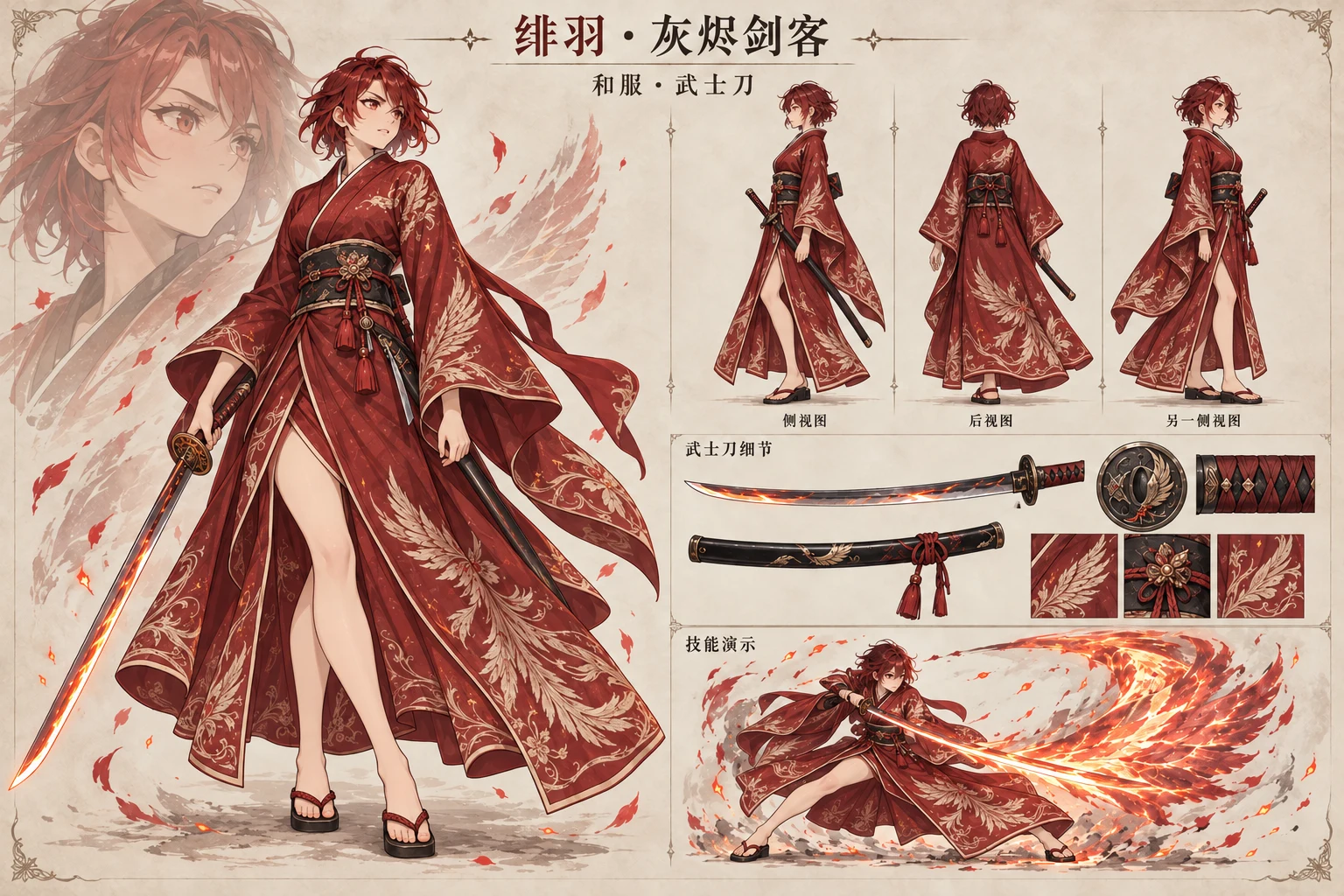 绯羽完整角色设计图,展示正面立绘、不同角度的和服、武士刀细节与火焰斩击构想
