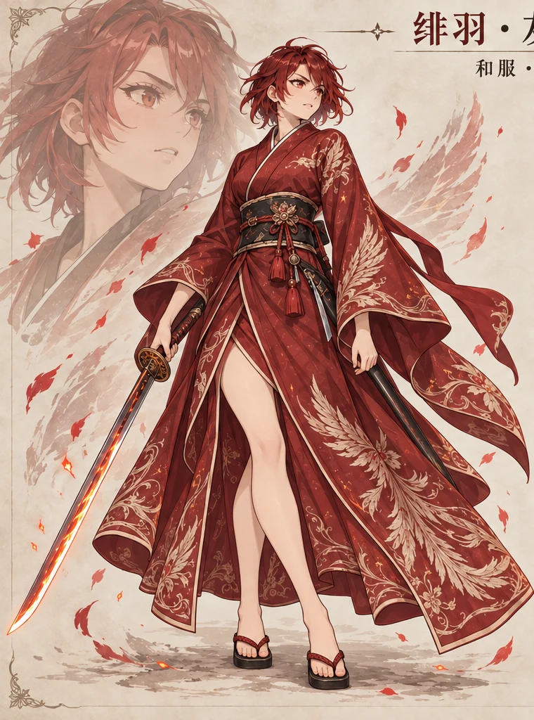 身着红金和服、手持长刀的绯羽